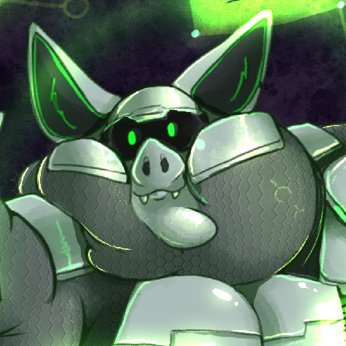 A very obese black, white and green robot bat smiling happily.