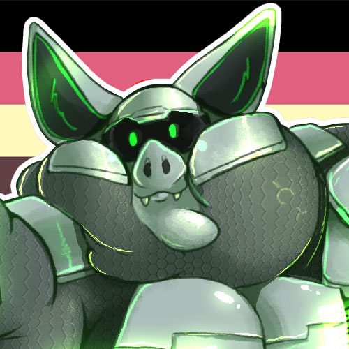 Emy-R1, not as fat, looking and smiling at the viewer against a backdrop of the fat pride flag.