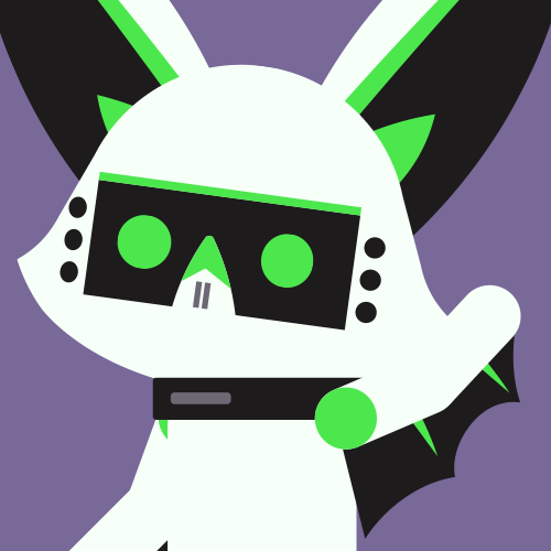 Black, white and green robot bat looking at the viewer and waving.