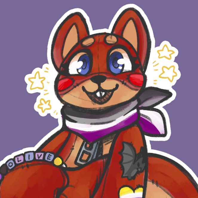 A sewn together reddish-brown squirrel costume looking at the viewer and smiling.