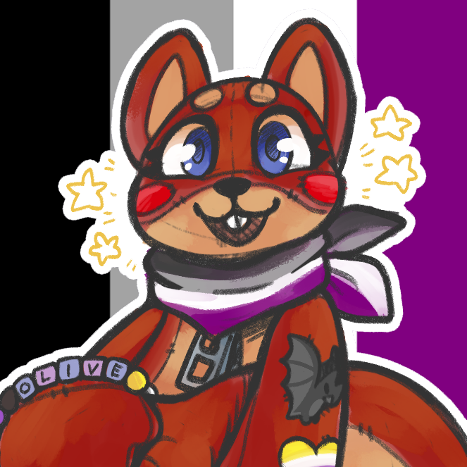 Olive grinning widely whilst wearing an asexual pride flag neckerchief and a kandi bracelet with her name on, against a backdrop of the asexual pride flag.