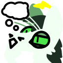 Yinglet thinking, with a paw on their face and a thought bubble rising.